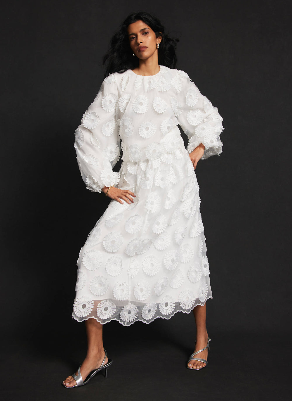 White Floral Applique Midi Skirt