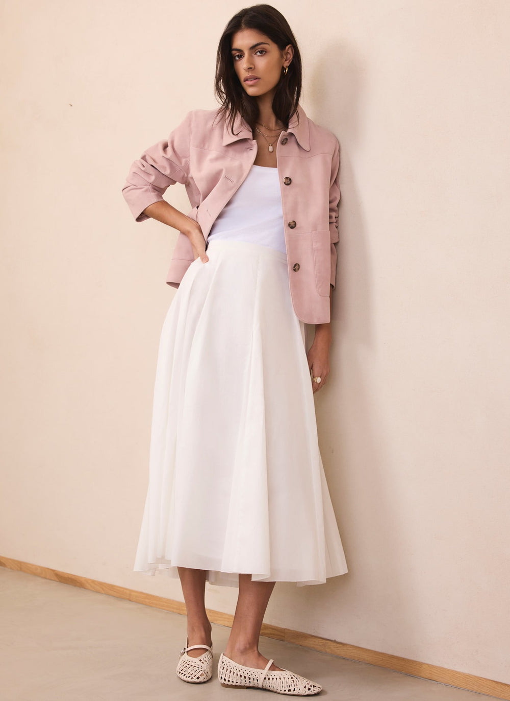 White Cotton Full Midi Skirt