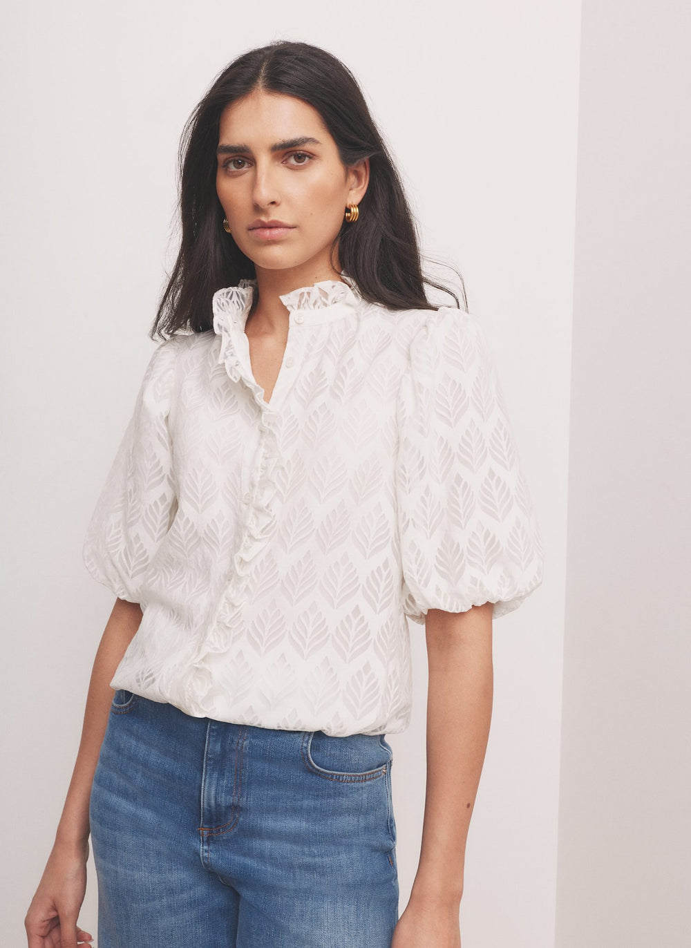 White Jacquard Ruffle Blouse