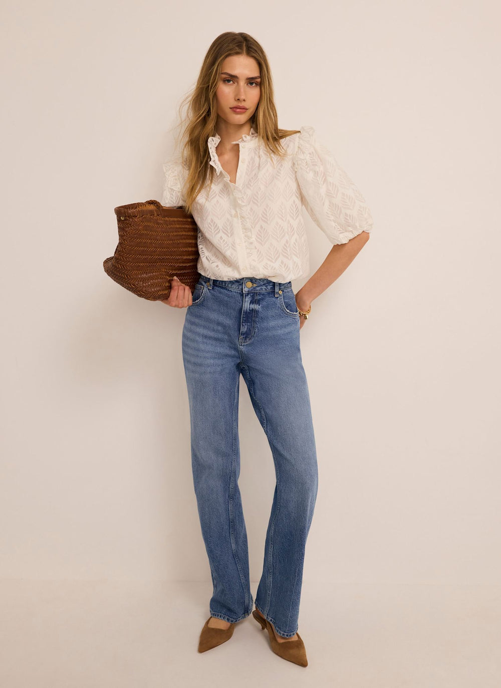 White Jacquard Ruffle Blouse