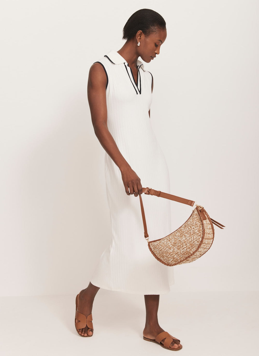 White Jersey Sleeveless Polo Midi Dress
