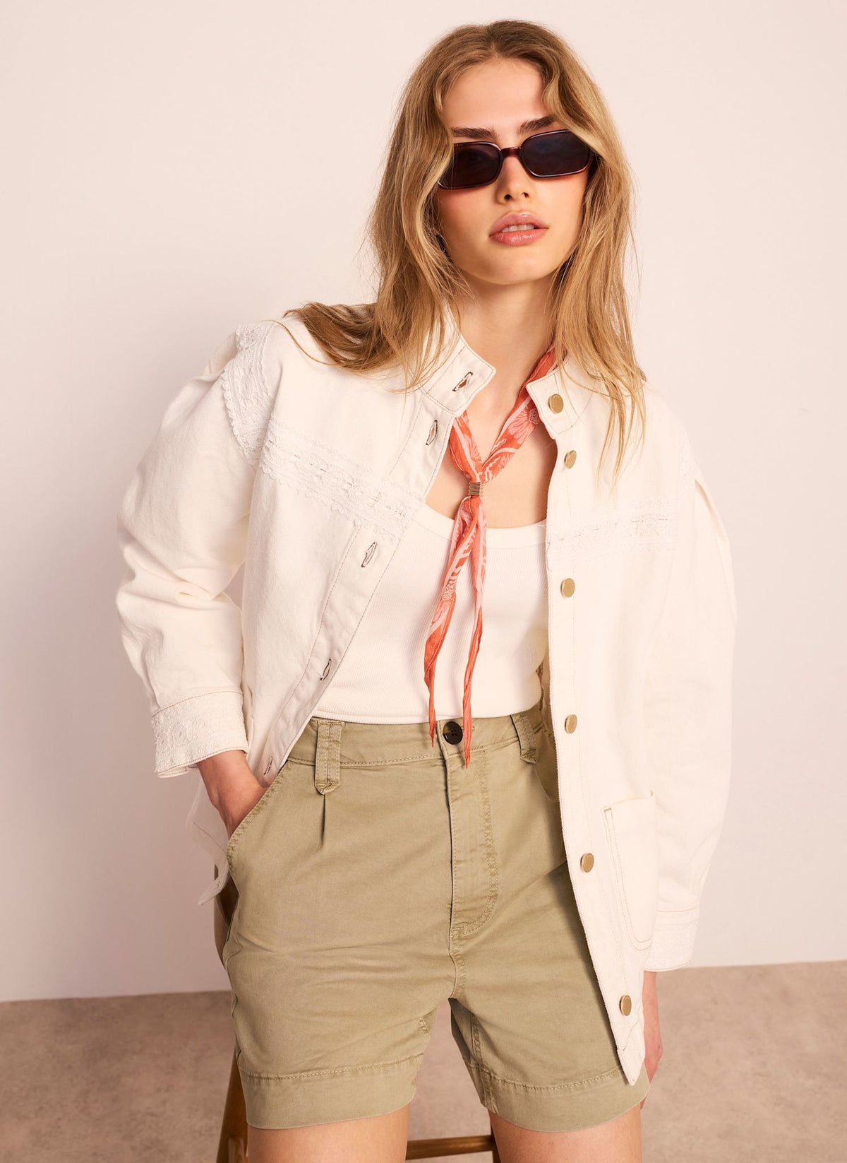 Mint Velvet White Lace Trim Denim Jacket | Size S | White