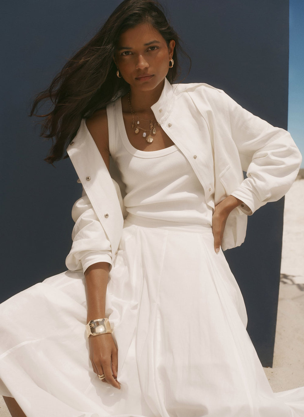 White Linen Blend Bomber Jacket