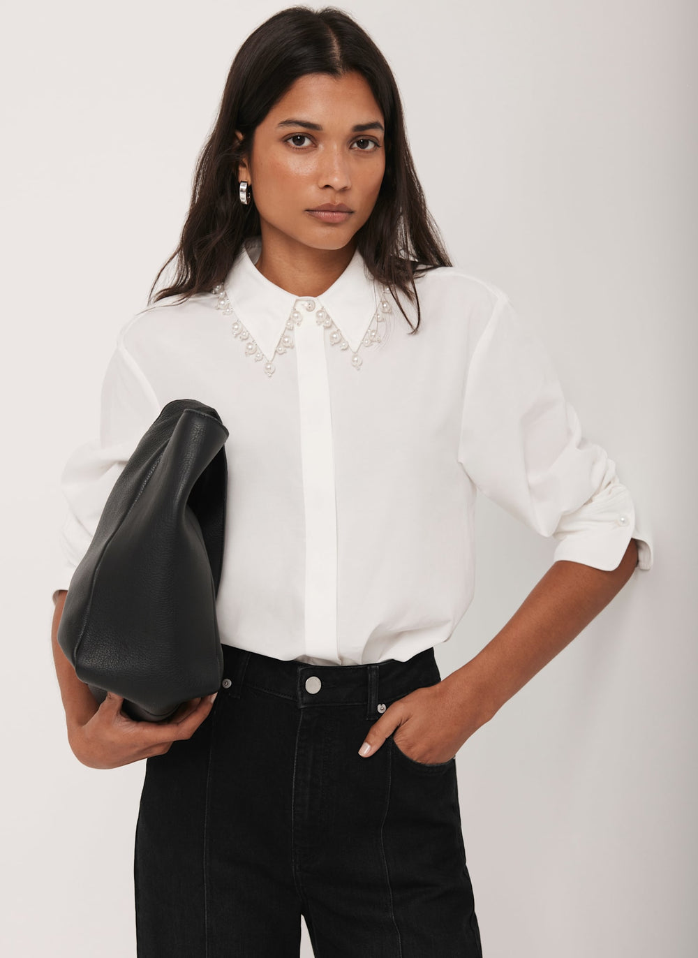 White Cotton Blend Pearl Collar Shirt