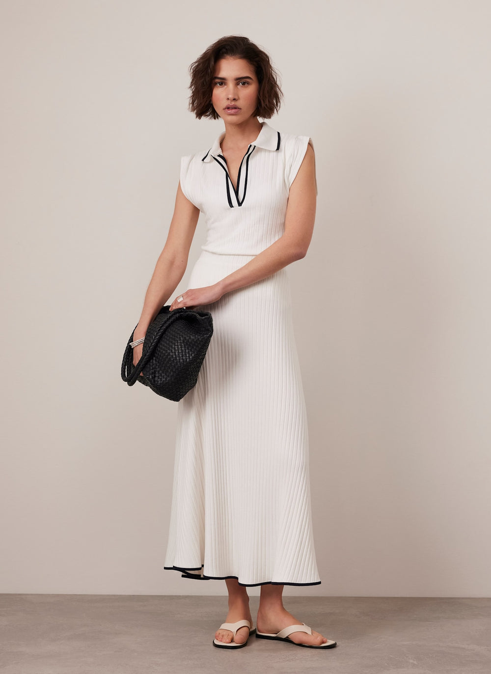 White Ribbed Contrast Hem Midi Skirt