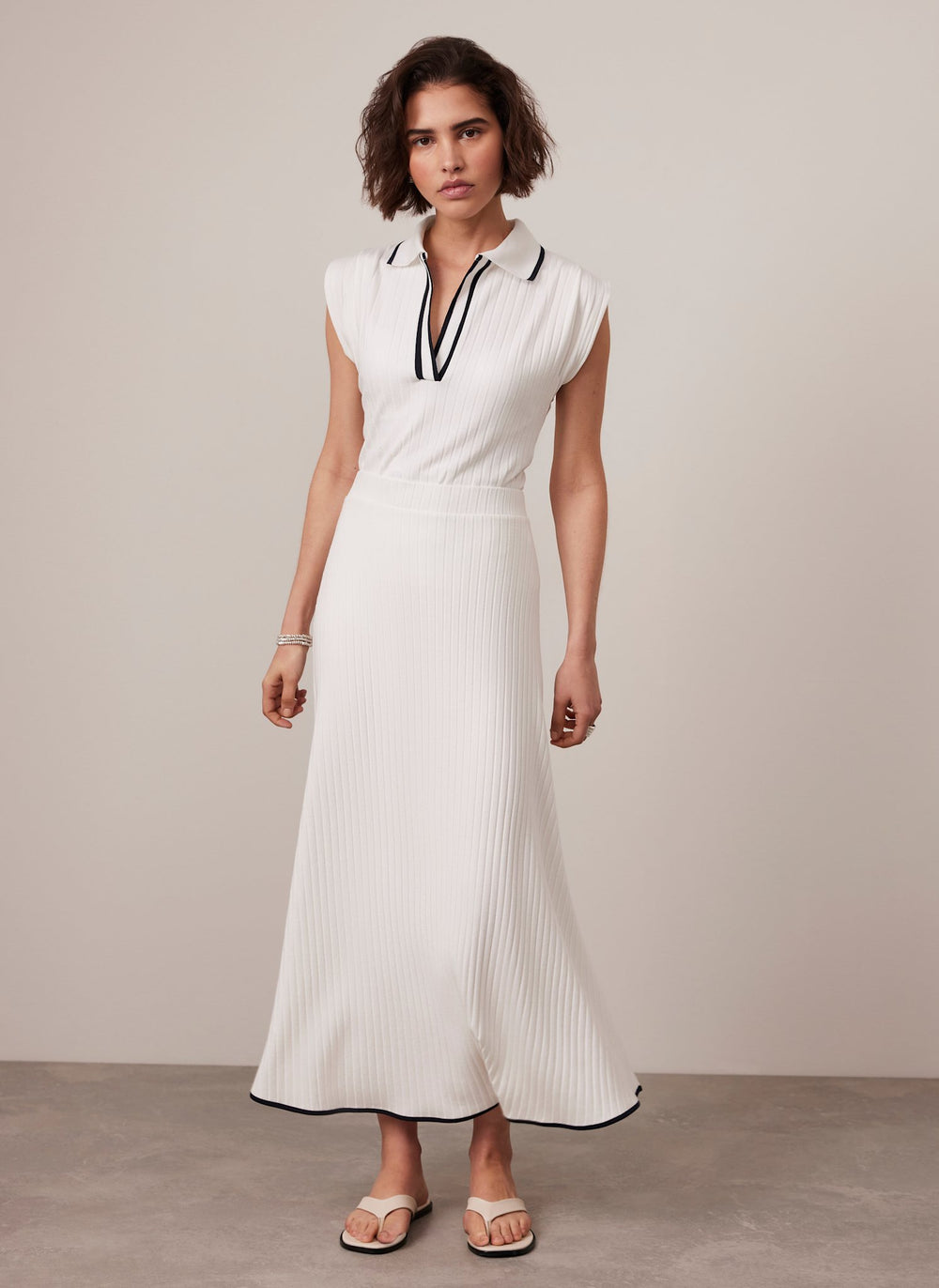 White Ribbed Contrast Hem Midi Skirt