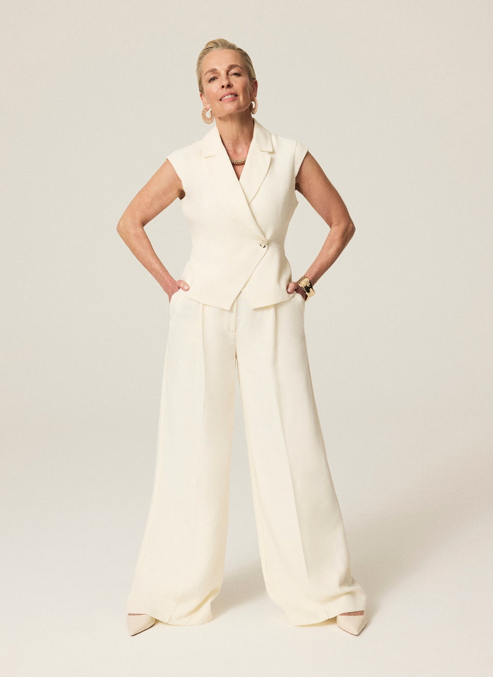 Cream Tailored Wide Leg Trousers