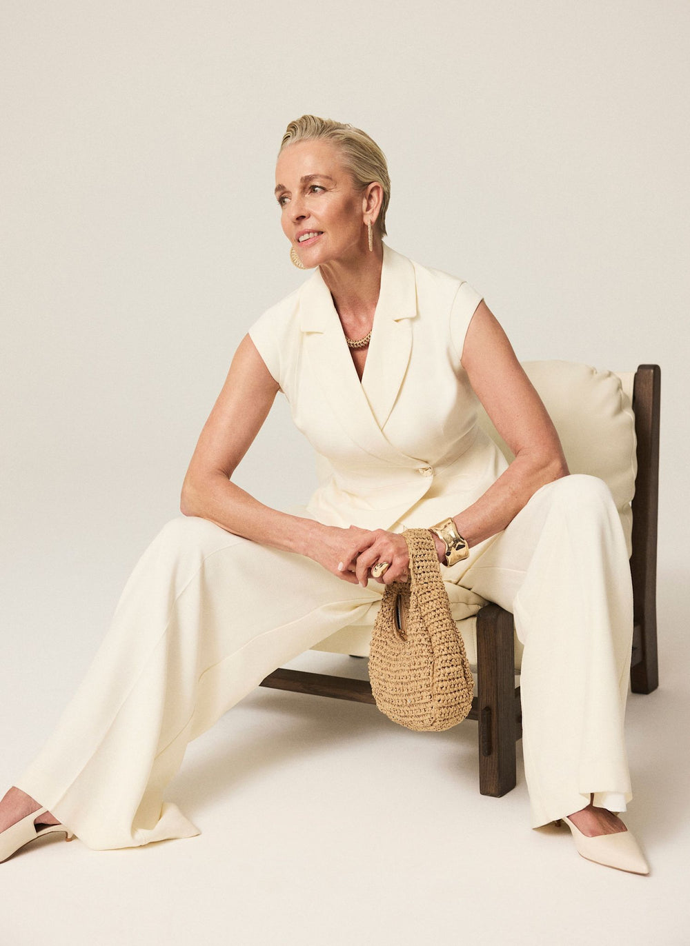 Cream Tailored Wide Leg Trousers