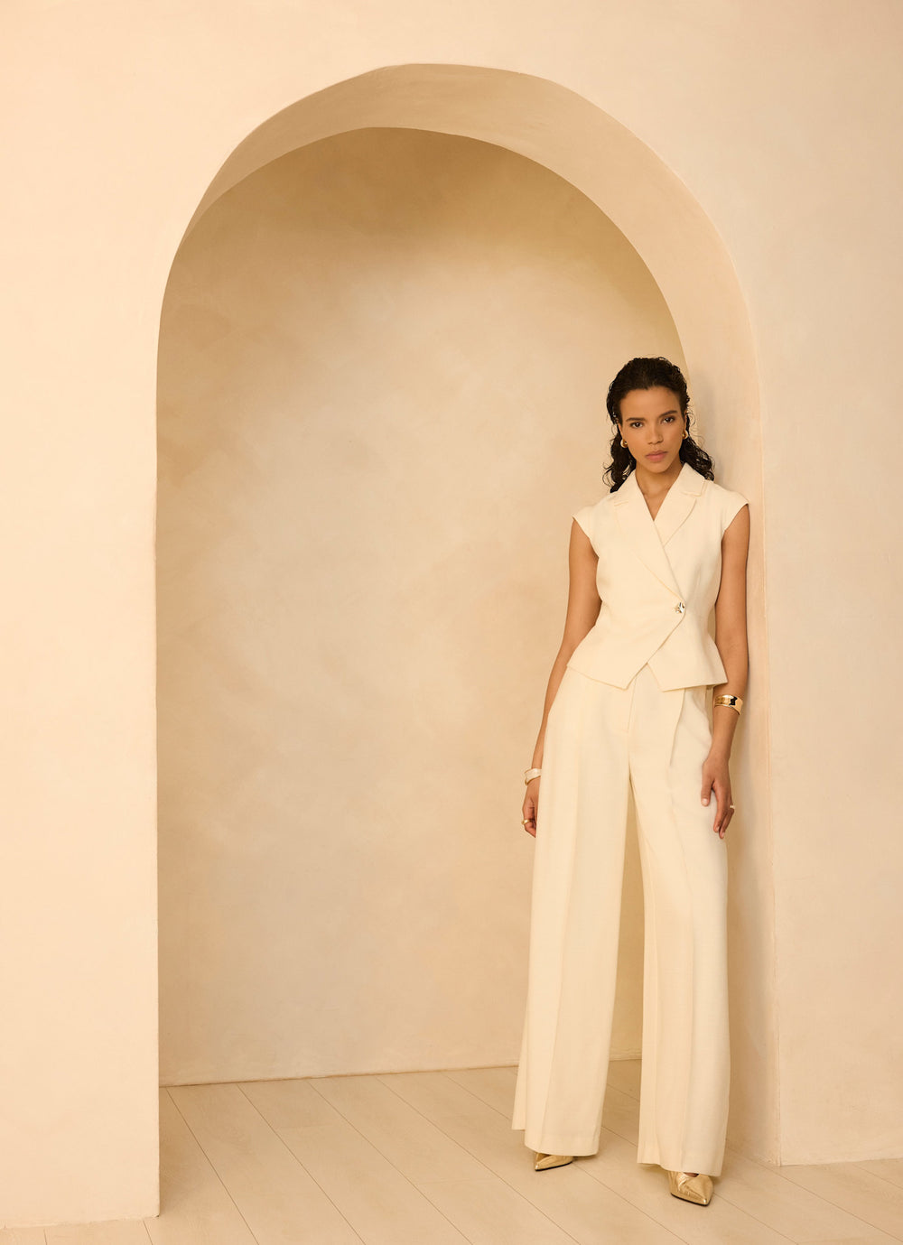 Cream Tailored Wide Leg Trousers