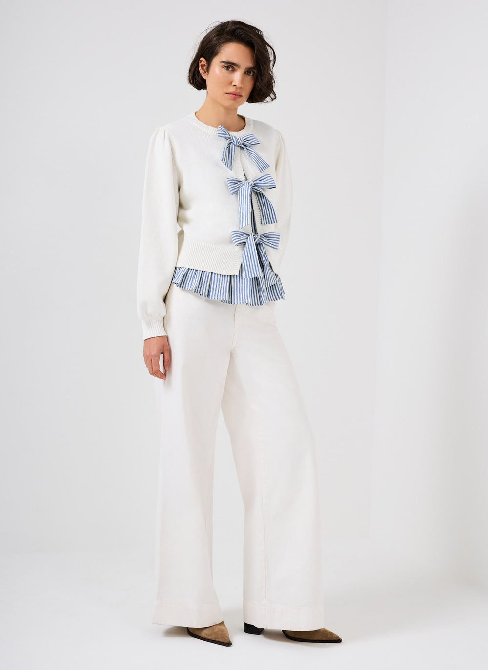 White Cotton Blend Bow Detail Jumper