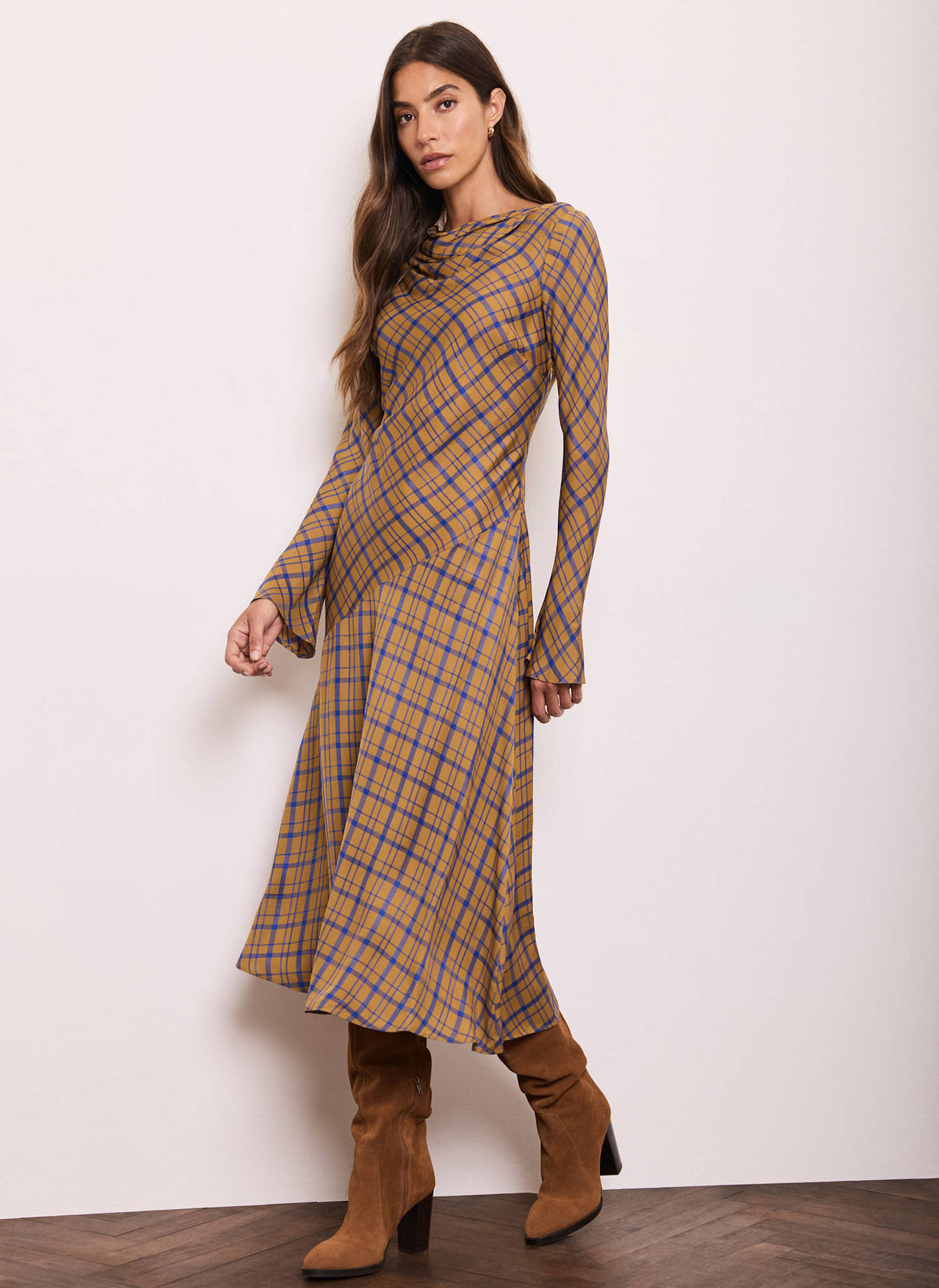 brown check cowl neck midi dress Gold Checked – Mint Velvet Luxury Satin Colors:Dark Olive