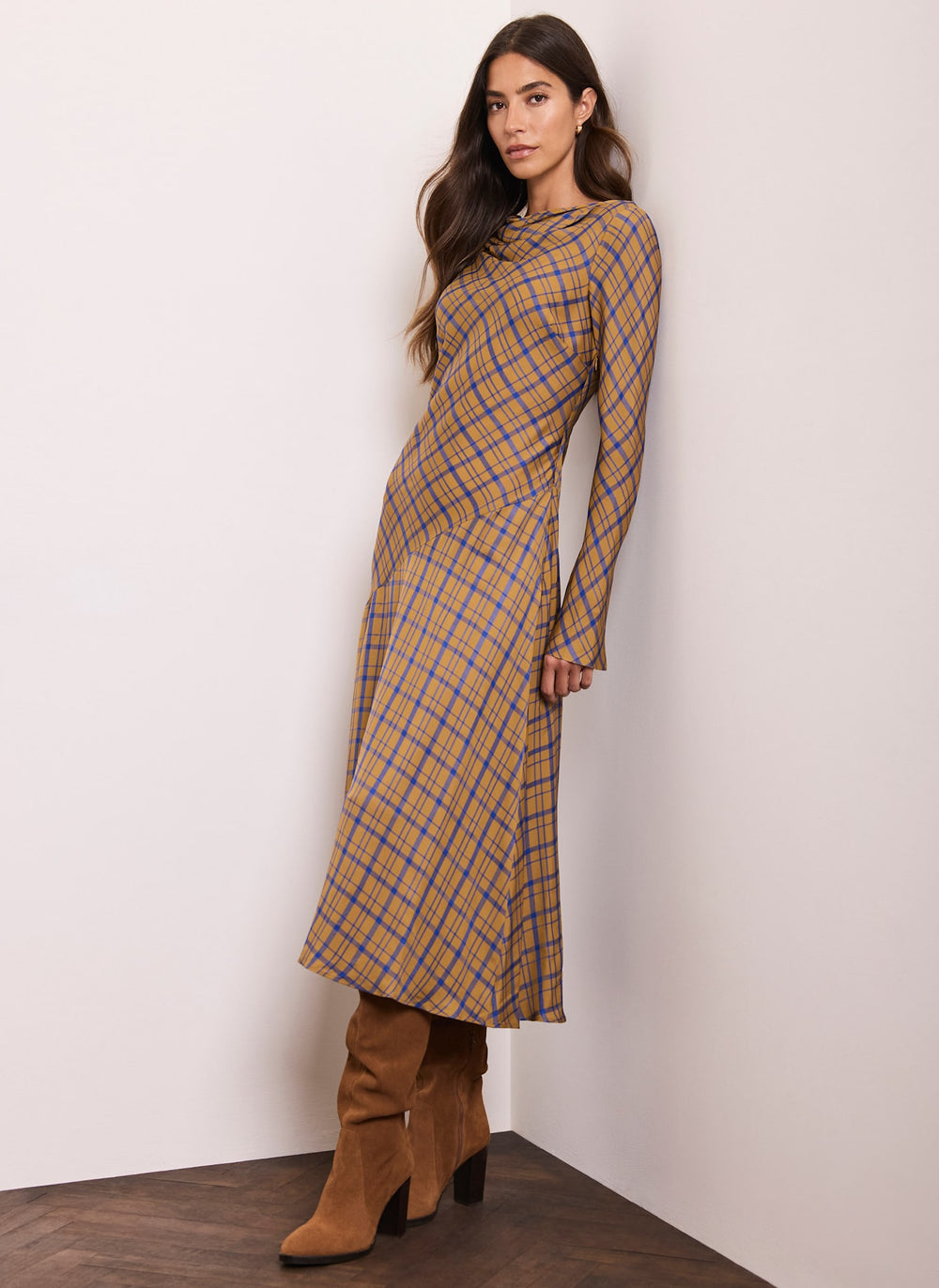 Gold Checked Cowl Neck Midi Dress