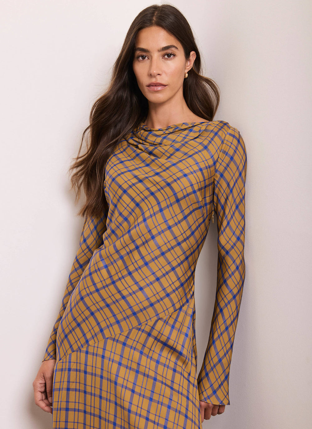 Gold Checked Cowl Neck Midi Dress
