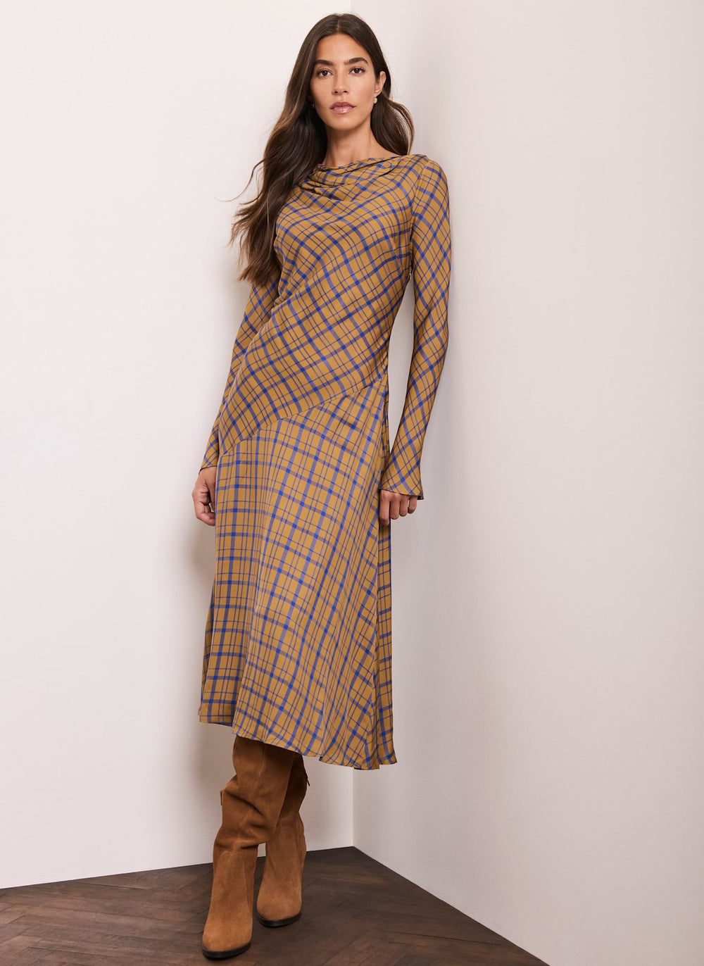 Gold Checked Cowl Neck Midi Dress