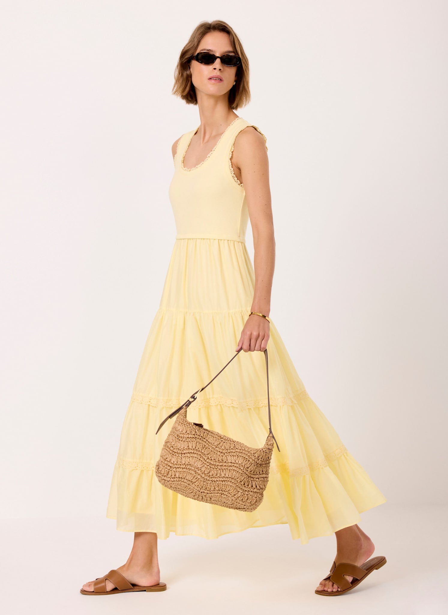 Yellow Crochet Detail Midi Dress