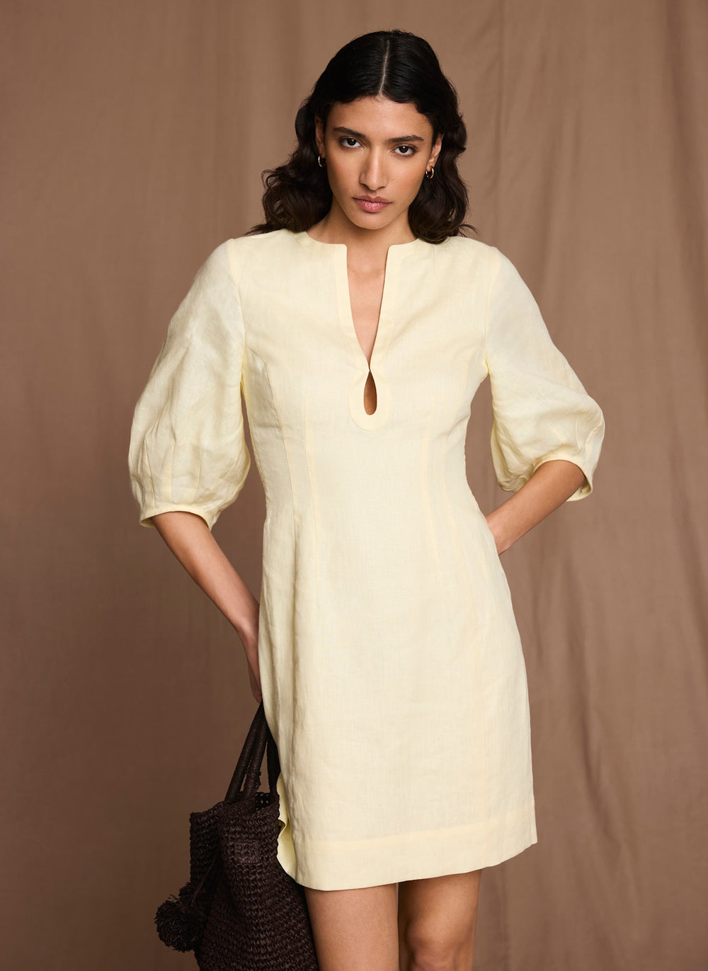 Yellow Linen Puff Sleeve Mini Dress