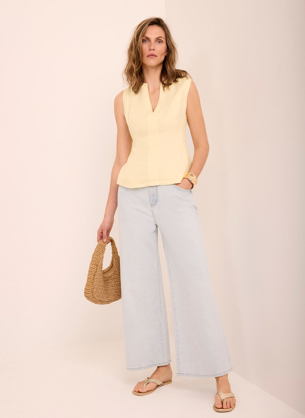 Yellow Linen Shirred Top