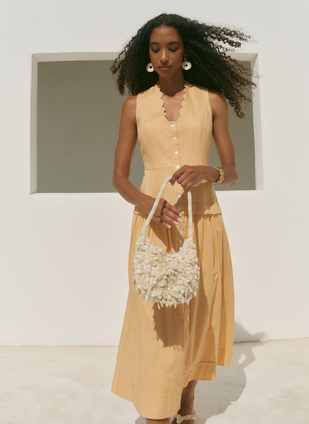 Yellow Ramie Drop Waist Midi Dress – Mint Velvet
