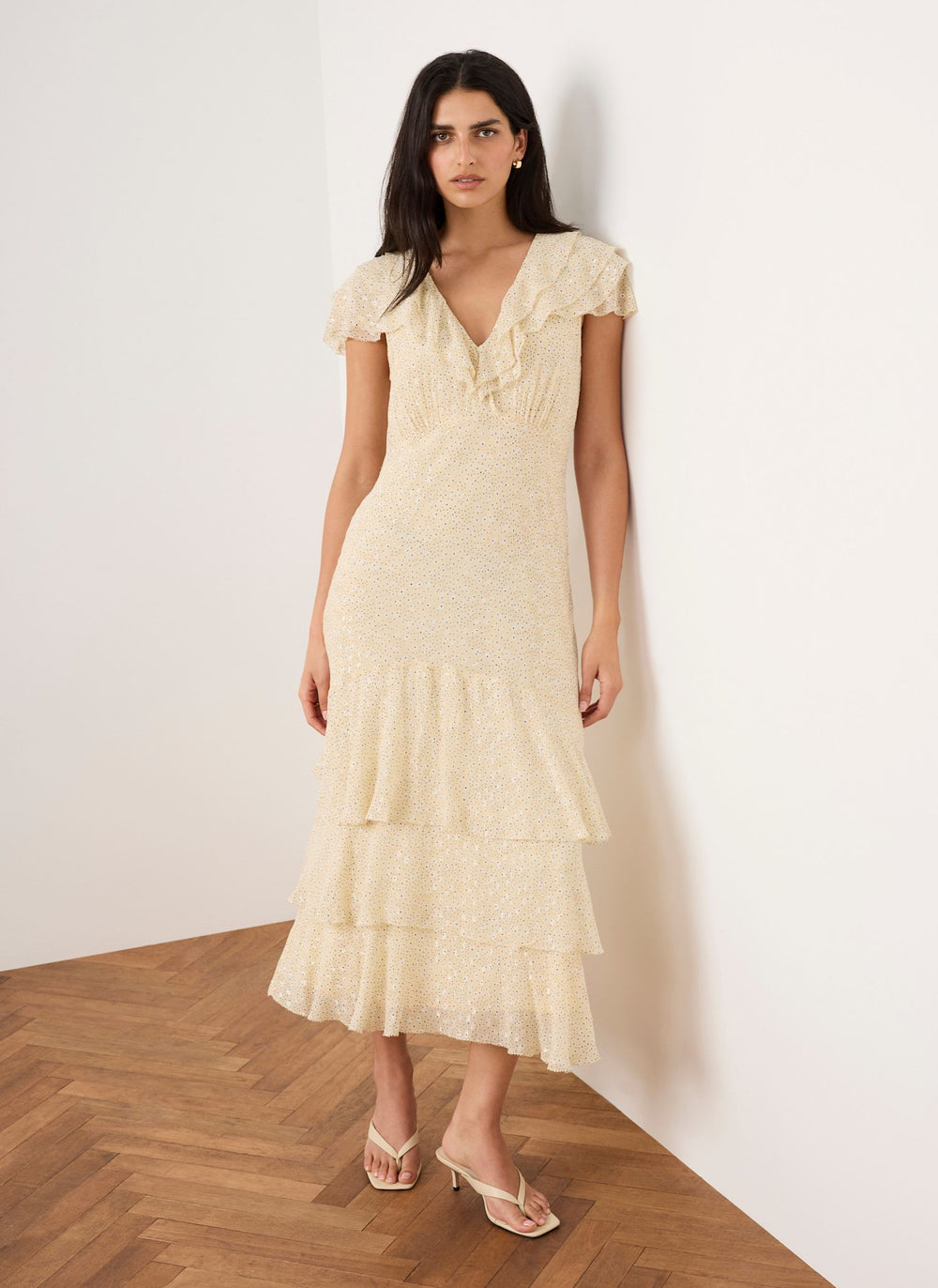 Yellow Ruffle Print Midi Dress