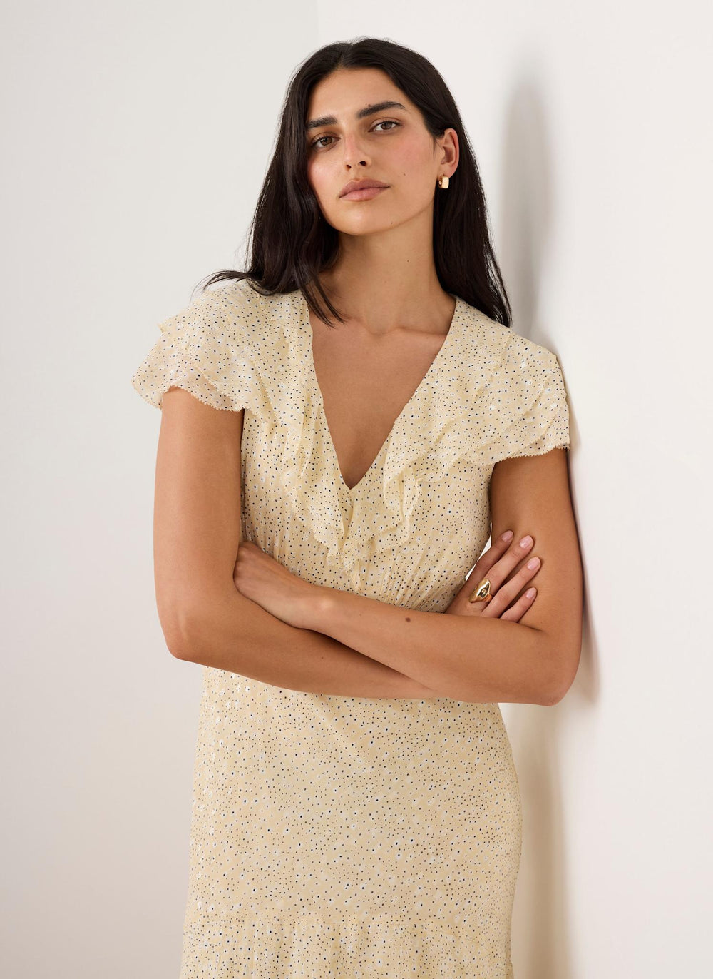 Yellow Ruffle Print Midi Dress