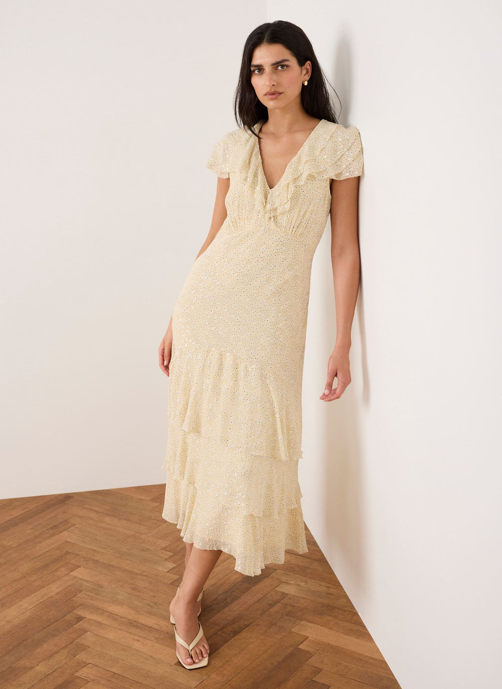 Yellow Ruffle Print Midi Dress – Mint Velvet