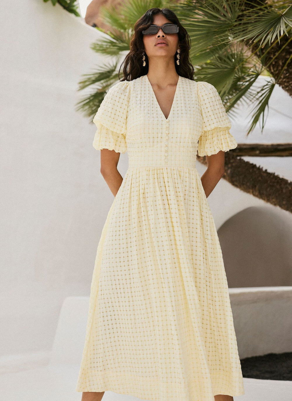 seersucker midi dress Mint Velvet Women's Checked Midi Dress - Yellow