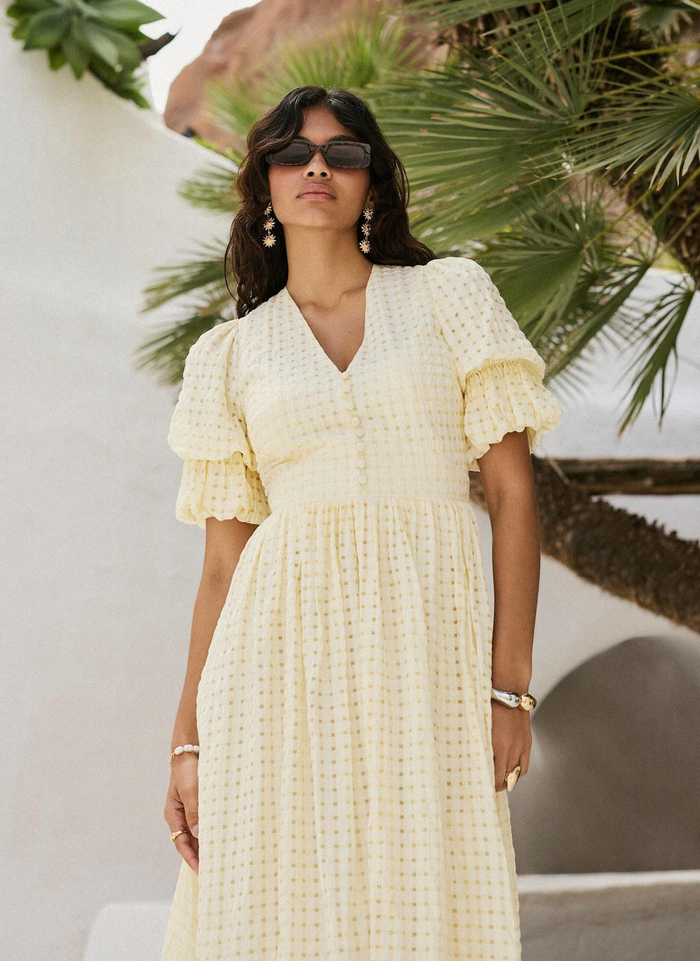 yellow and white midi dress Mint Velvet Yellow Checked Midi Dress | Size 14 | Yellow | Short Sleeve