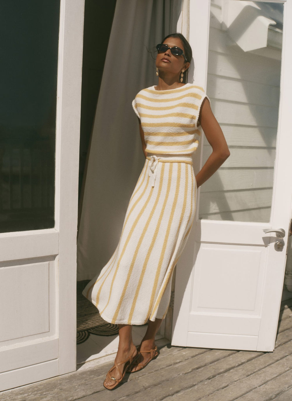 Yellow Cotton Blend Striped Midi Dress Mint Velvet Yellow Cotton Blend Striped Midi Dress Mint Velvet