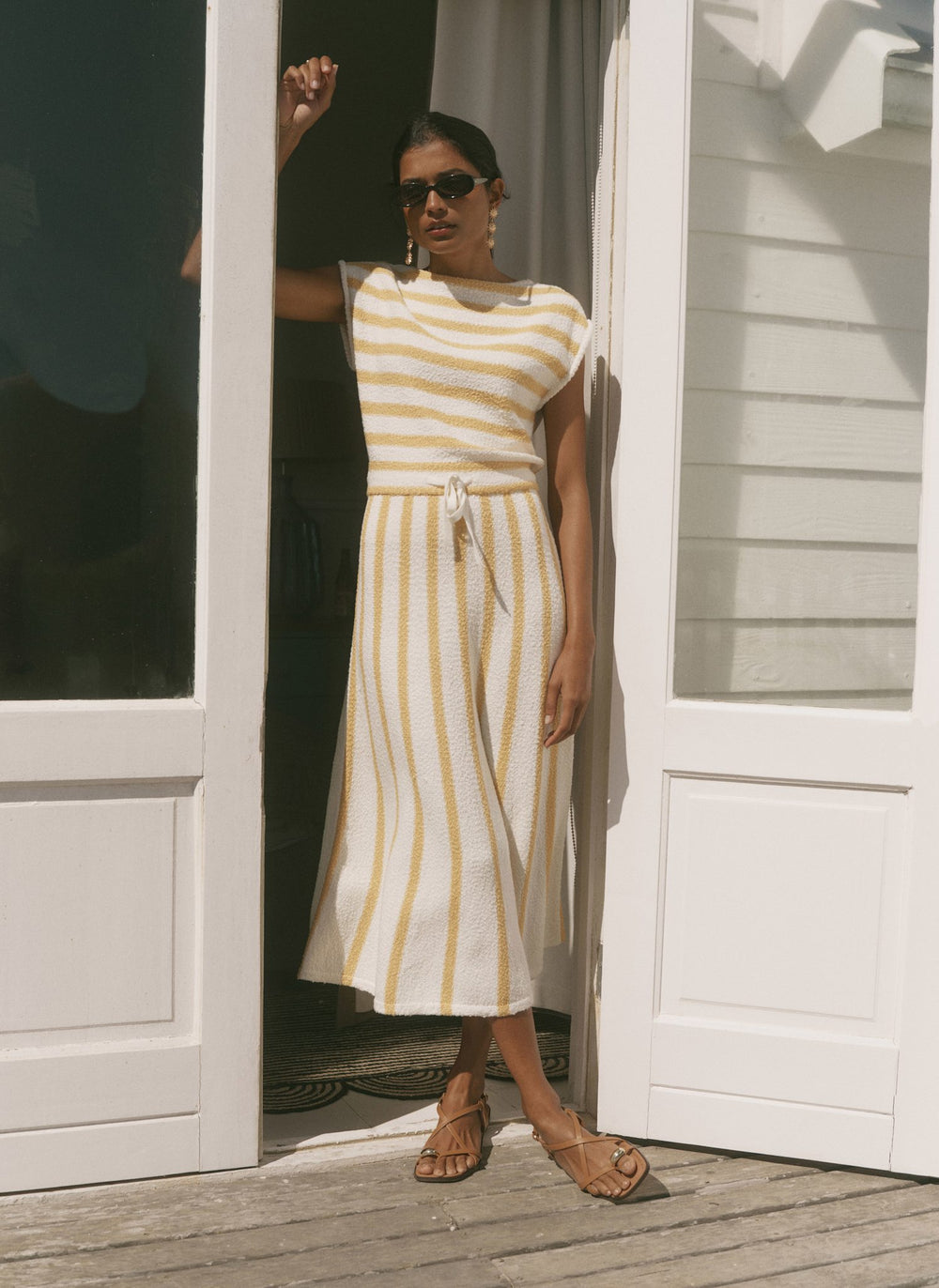 yellow dress midi Mint Velvet Women's Cotton Blend Striped Midi Dress - Yellow