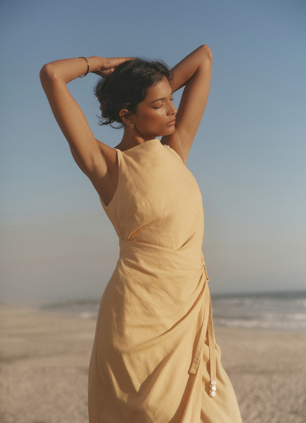 Yellow Linen Blend Wrap Midi Dress