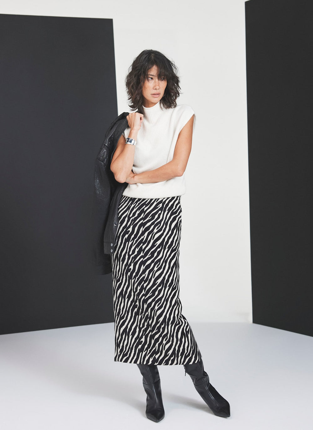Neutral Zebra Print Midi Skirt
