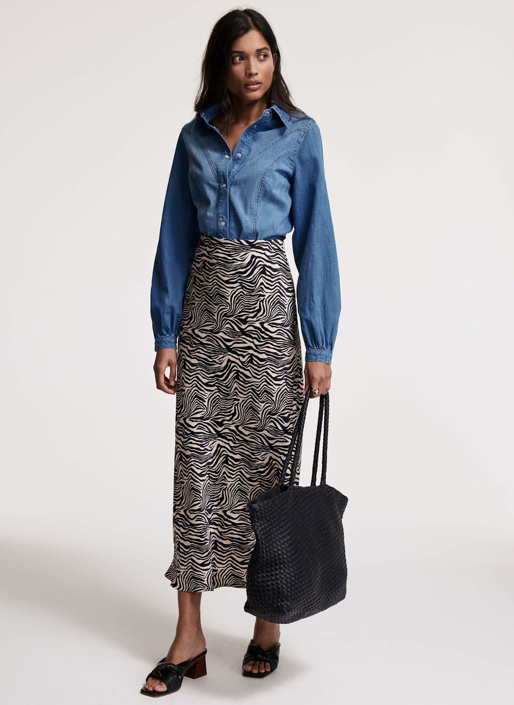 Zebra Print Satin Slip Midi Skirt