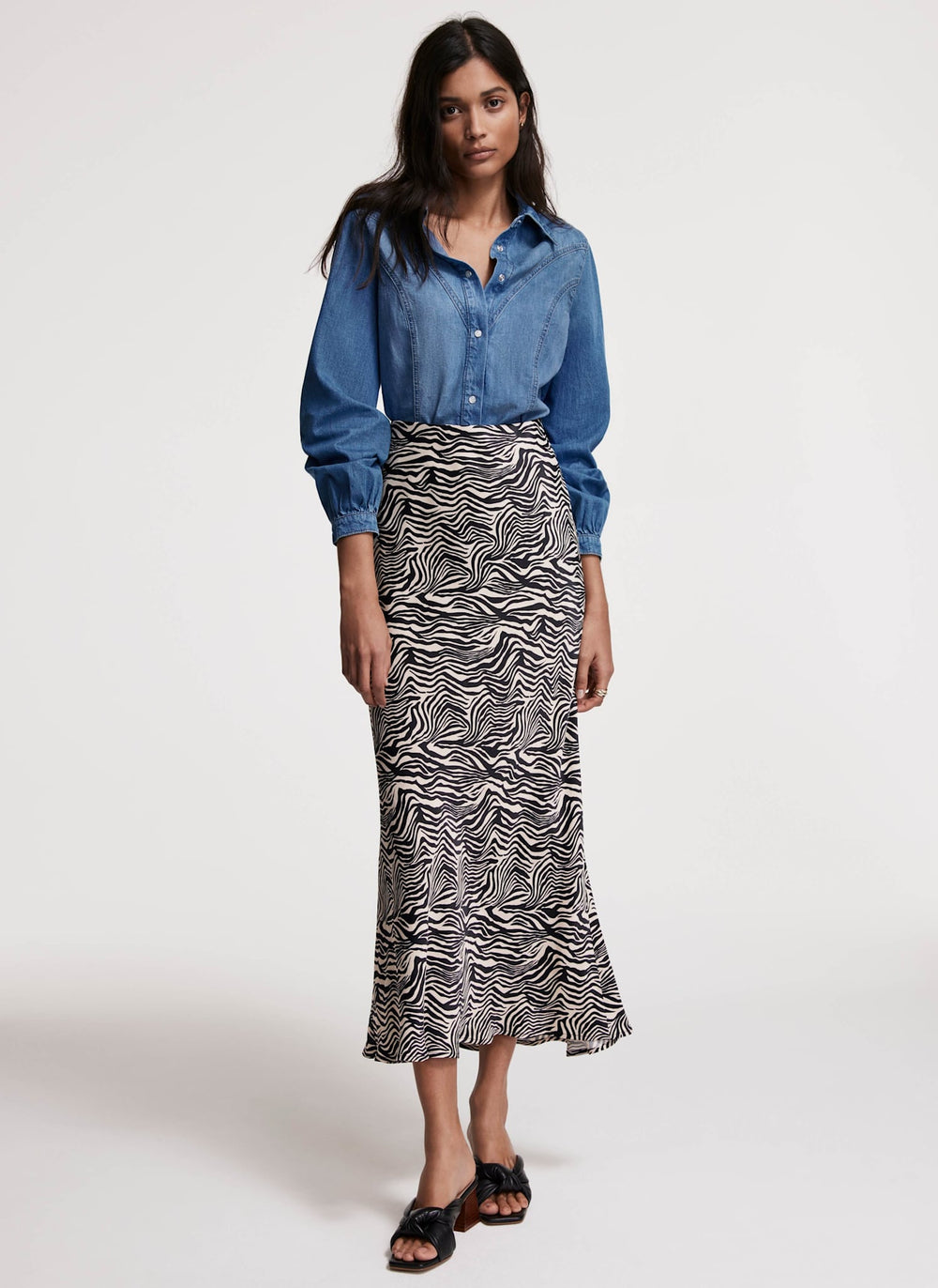Zebra Print Satin Slip Midi Skirt