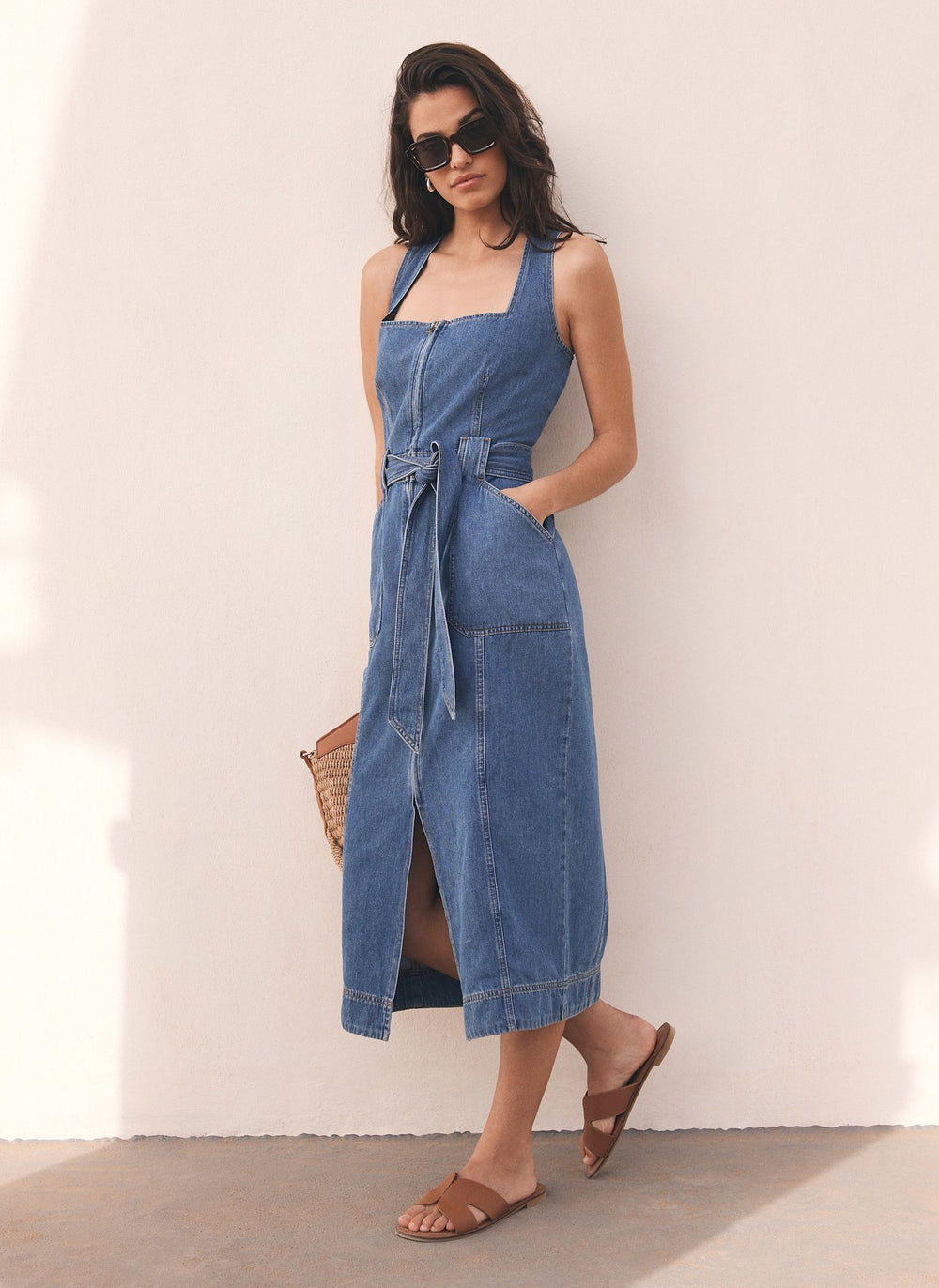 Indigo Denim Belted Midi Dress