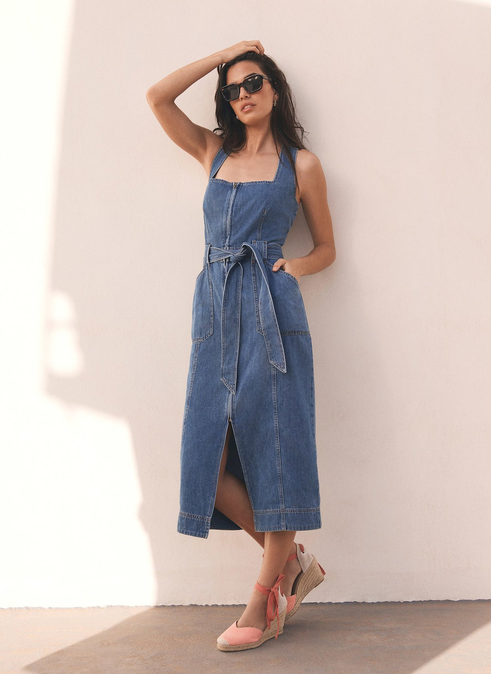 Indigo Denim Belted Midi Dress