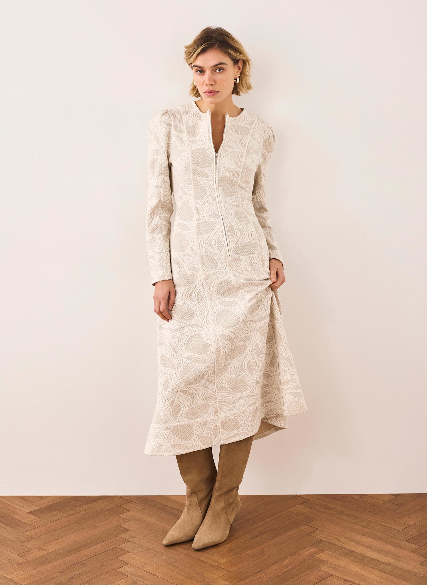 Neutral Jacquard Zip Detail Midi Dress – Mint Velvet