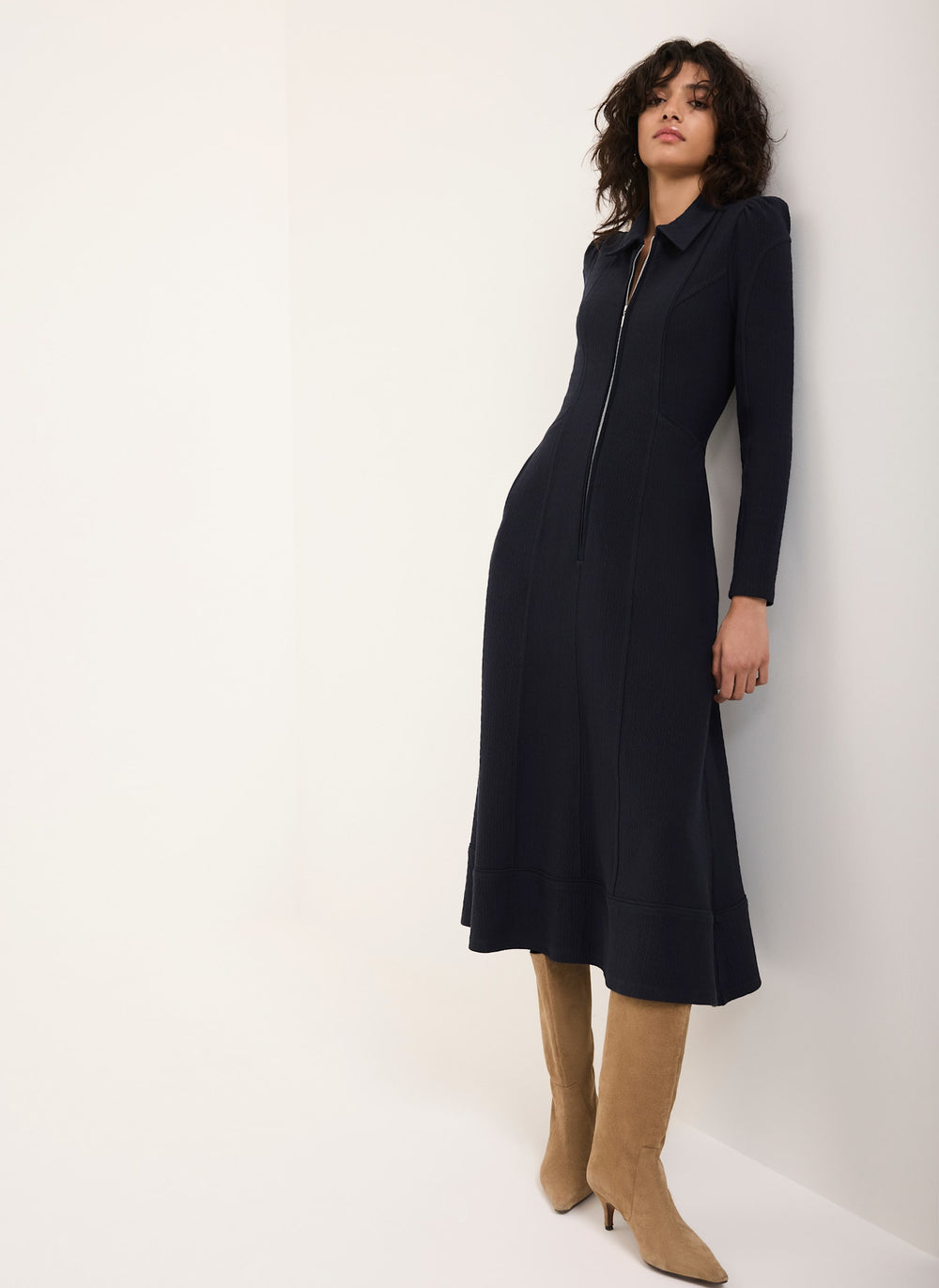 Navy Textured Zip Detail Midi Dress