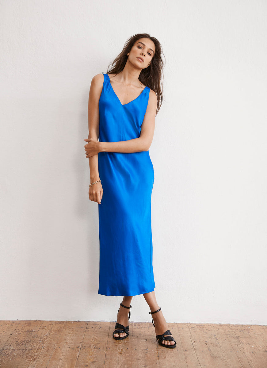 Blue Satin Slip Midi Dress Mint Velvet