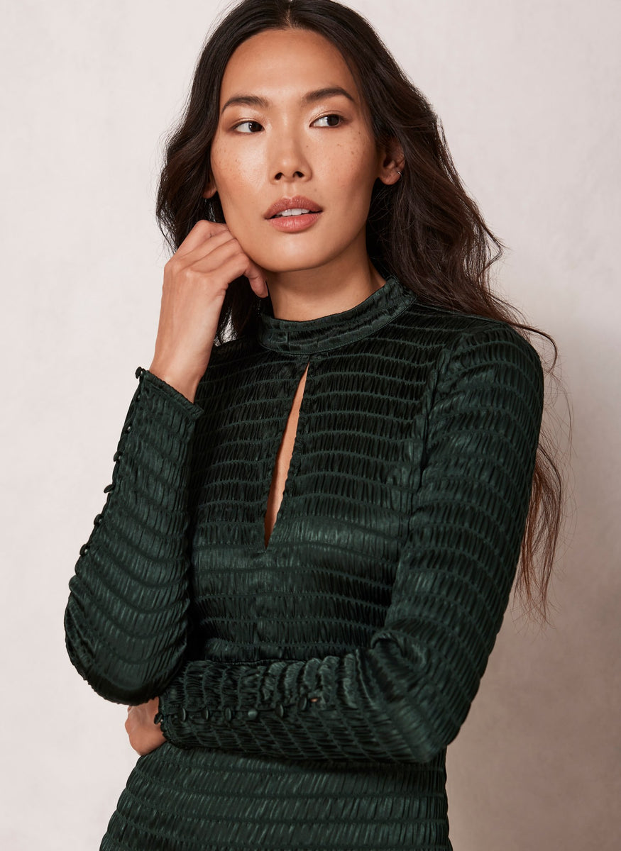Green Satin Shirred Dress – Mint Velvet