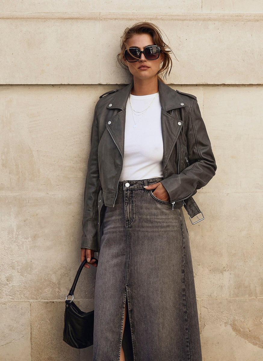Grey Leather Biker Jacket – Mint Velvet