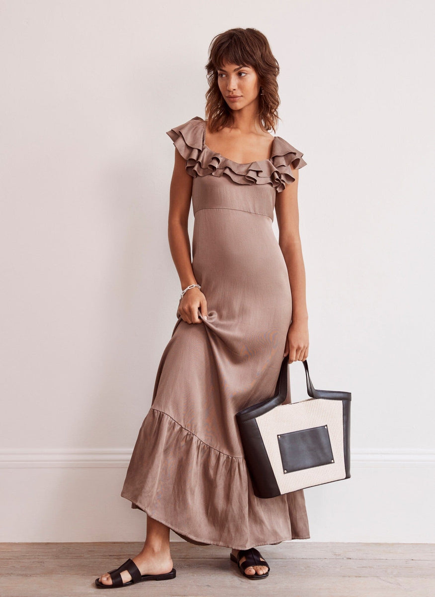 Neutral Satin Frill Maxi Dress – Mint Velvet