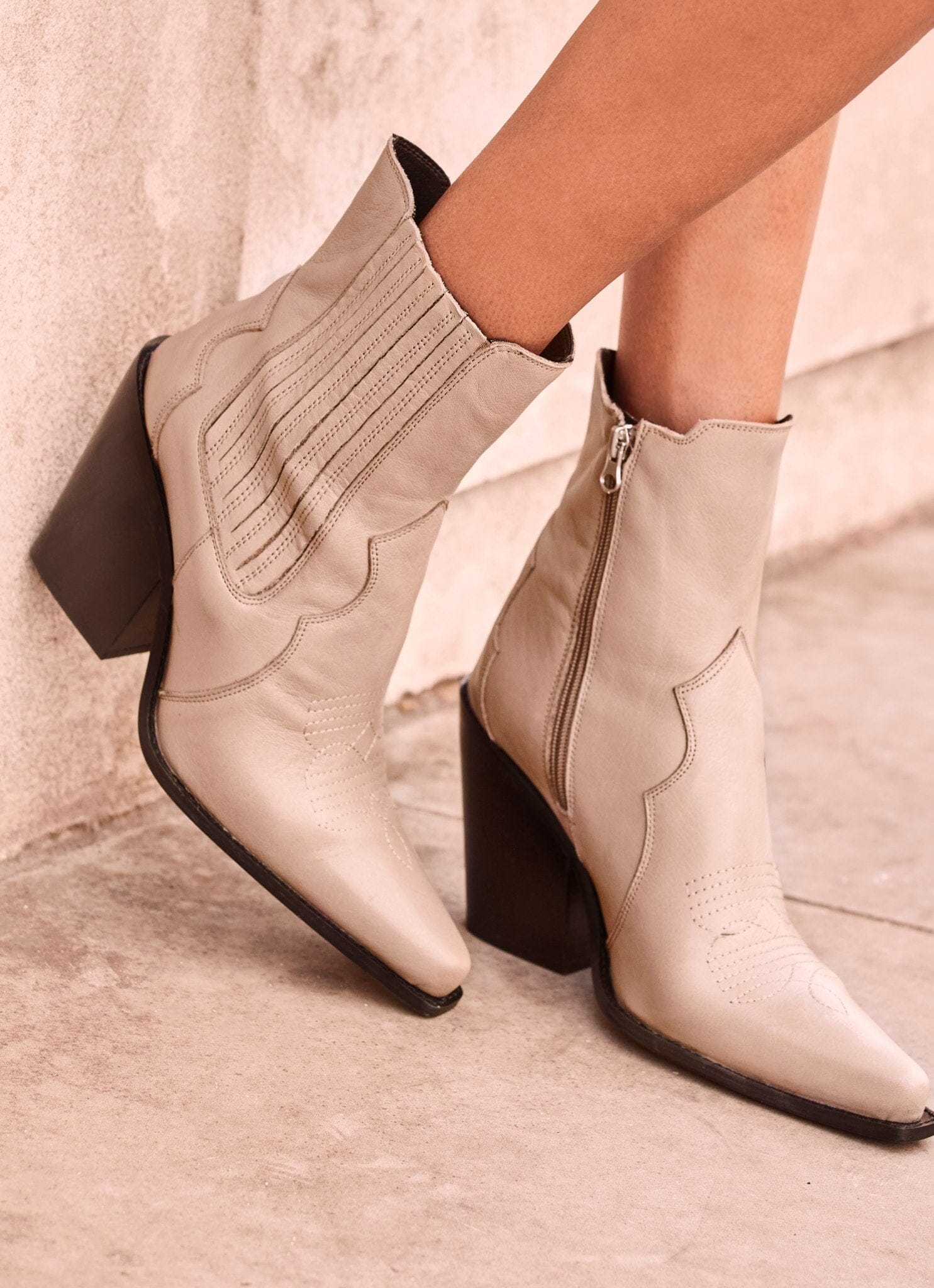 Taupe Leather Western Ankle Boots